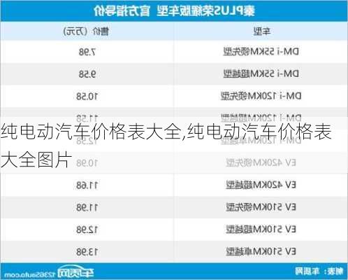 纯电动汽车价格表大全,纯电动汽车价格表大全图片